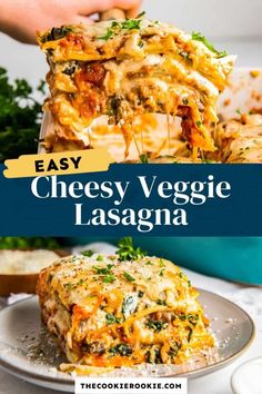 a plate with lasagna casserole on it and the words cheese veggie lasagna above it