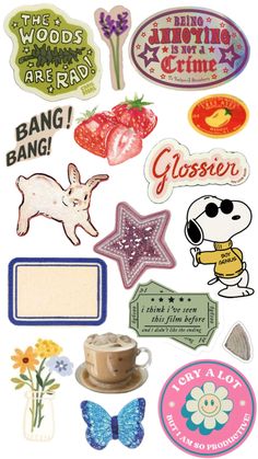 various stickers and magnets on a white background