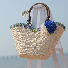 Natural Woven Straw Beach Tote Bag Style: Tote Straps: Shoulder Strap Material: Straw Strap Material: Brown Faux Leather Strap Drop: 9 Inches Color: Natural With Various Blue Colors On Trim Closure: Zip Top Interior: Interior Zipper Pocket, Cell Phone Pocket Size: Medium Large Approximate Dimensions: 19" X 10.5" X 7" Approximate Weight: 2.6 Lbs Large Capacity Blue Beach Bag, Cream Beach Bag For Vacation, Cream Summer Beach Bag For Vacation, Cream Beachy Bag For Beach Season, Blue Bucket Bag For The Beach, Blue Bucket Bag For Beach, Blue Beach Bag With Braided Handles, Summer Cream Beach Bag For Beach Season, Cream Beachy Bag For Summer