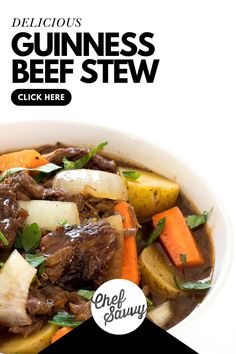 a bowl of beef stew with carrots and potatoes