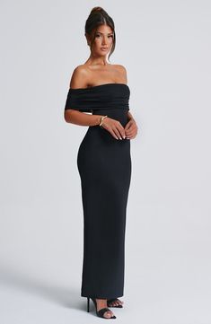 Whether itÃ¢â‚¬â„¢s date night or girlsÃ¢â‚¬â„¢ night, capture all attention in the Belinda maxi dress. Made in super smooth, slinky fabric that moulds to your body, this double layered design features an off the shoulder, bardot neckline that's gathered. It's complete with an open low back with ruched detailing. Looks amazing paired with tonal heels and gold jewellery. 



Colour: Black.

Stretch double layered slinky fabric.

Fully lined.

Gathered, bardot neckline.

Hugs the figure.

Super sc Homecoming Dresses Corset, White Dress Spring, Long Sleeve Homecoming Dresses, Ball Ideas, Split Long Dress, Bardot Neckline, Homecoming Dresses Long, Maxi Dress Sale, Sparkle Dress