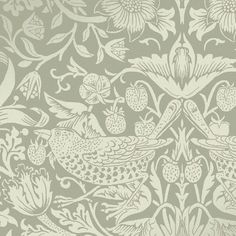 an old wallpaper pattern with birds and flowers on grey background in shades of green