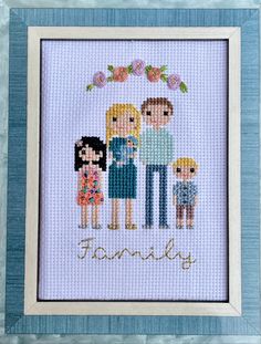 a cross stitch family picture with the word family