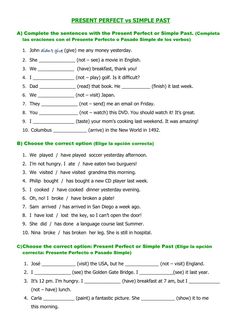 the present perfect simple past tense worksheet is shown in green and black,