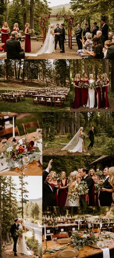 a collage of photos showing the wedding party and guests at an outdoor ceremony in the woods