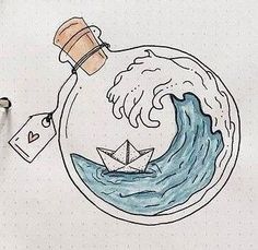 a drawing of a paper boat in a bottle