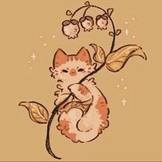 a drawing of a cat sitting on top of a plant with two mice hanging from it's back