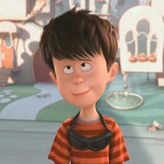 a cartoon boy with brown hair and striped shirt