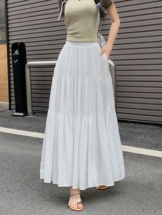 Lasaky - White A-Line Midi Skirt with Mesh Floral Detailing Long Skirt Outfits Korean, Skirt Outfits Korean, White Skirt Outfits, Empire Dresses, White Long Skirt, High Waist Long Skirt, Gorgeous Prom Dresses, White Midi Skirt, Long Skirt Outfits