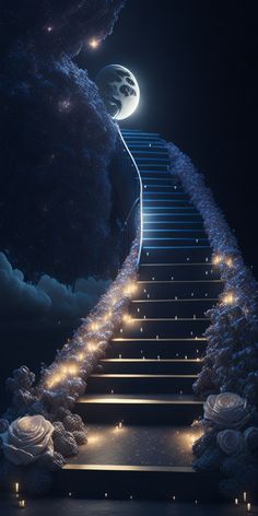 a stairway leading up to the moon and stars