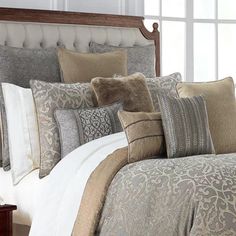 Carrick Silver/Antique Gold 4-Piece Comforter Set Comforter Sets By Waterford Bassett Furniture Bedroom, Brown Comforter Sets, Mustard And Grey, Diy Bedroom Decor Ideas, Bedroom Built In Wardrobe, Designer Bed Sheets