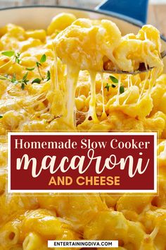 homemade slow cooker macaroni and cheese is being lifted with a ladle