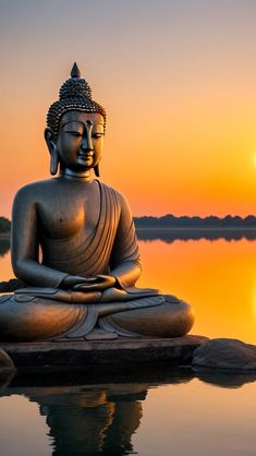 a buddha statue sitting on top of a body of water