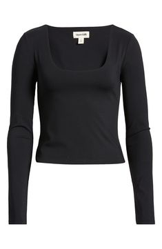 The soft, stretchy fabric of this scoop-neck top contours to your silhouette, allowing for easy layering so you can effortlessly transition from the office to evening. 19" length (size Medium) Scoop neck lined Long sleeves 75% nylon, 25% spandex Machine wash, tumble dry Imported Sleek Fitted Tops For Everyday, Stretch Square Neck Top For Workwear, Black Scoop Neck Top For Work, Scoop Neck Tops For Night Out In Fall, Sleek Scoop Neck Top For Night Out, Fall Scoop Neck Top For Night Out, Black Square Neck Top In Elastane, Elegant Stretch Top With Scoop Back, Chic Scoop Neck Top For Night Out