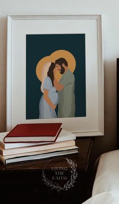 a painting of a man and woman embracing in front of a stack of books on a nightstand