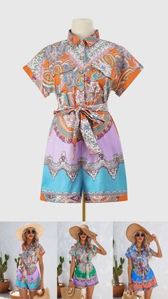 Summer short jumpsuit with full paisley floral print is your holiday outfit trip clothes great ideas. Colorful tight romper outfits is very charming and chicful. Help you look outstanding at the sunshine vacation. Bohemian Non-stretch Jumpsuits And Rompers For Beach, Printed Jumpsuits And Rompers For Beach, Bohemian Non-stretch Jumpsuits And Rompers For Vacation, Casual Paisley Print Jumpsuits And Rompers For Spring, Summer Patterned Printed Jumpsuits And Rompers, Casual Spring Jumpsuits And Rompers With Paisley Print, Beach Printed Patterned Jumpsuits And Rompers, Summer Multicolor Non-stretch Jumpsuits And Rompers, Fitted Bohemian Jumpsuits And Rompers For Beach