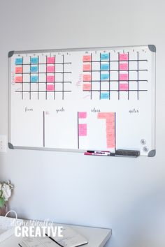 a dry erase board mounted to the side of a white wall with writing on it