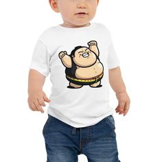 Add even more cuteness to your baby with this friendly and adorable Sumo Wrestler t-shirt. It's never too early to look great! So get your baby this short sleeve cotton jersey tee that's not only stylish, but also comfy, durable, and easy to clean. It's a classic that's bound to become the most loved item in your baby's wardrobe.  * 100% combed ring-spun cotton * Heather colors are 52% combed ring-spun cotton, 48% polyester * Fabric weight: 4.2 oz/yd² (142 g/m²) * Pre-shrunk fabric * 32 singles * Relaxed fit * Side-seamed construction A note about on-demand manufacturing: This product is made especially for you as soon as you place an order, which is why it takes us a bit longer to deliver it to you. Making products on demand instead of in bulk helps reduce overproduction, so thank you for Funny Character Print Tops For Playtime, Sumo Wrestler, Columbia Blue, Jersey Tee, Kids Tops, Baby Bodysuit, Sleeve Cotton, Jersey Shorts, Looks Great