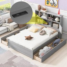 an image of a bed with storage drawers in the middle for stuffed animals and toys