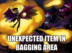 an animated image with the words unexpected item in bagging area and cartoon characters behind it