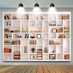 a white bookcase filled with lots of books on top of a hard wood floor