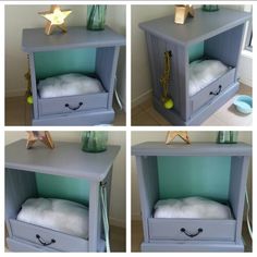 four different pictures of a night stand made out of an old nightstand with drawers and pillows