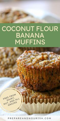 Easy Coconut Flour Banana Muffins recipe is one of the easiest you'll ever make. The muffins are whipped in one bowl using over ripe bananas and subtly sweetened with honey or maple syrup. They are made with coconut flour and are dairy free, nut free, and grain free.