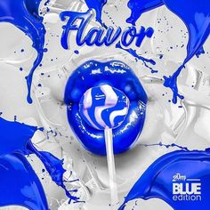 a blue lollipop with the word flavor on it is surrounded by white and blue swirls