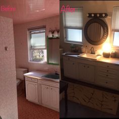 before and after photos of a bathroom remodel