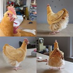 four different pictures of chickens with feathers on their heads and legs, one in the shape of a chicken's head