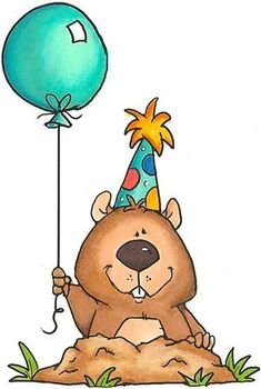 a bear with a birthday hat holding a balloon