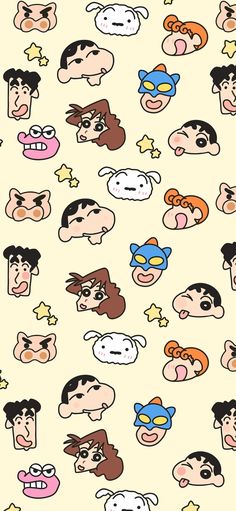 many different cartoon faces on a white background