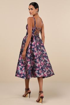 Charm your way through the crowd in the Lulus Attractive Essence Navy Floral Jacquard Midi Dress With Pockets! Lightweight woven jacquard, with a pink and green floral design throughout, shapes wide straps and a sweetheart neckline. Bodice has a sweetheart neckline and seamed cups with supportive underwire, as well as a flirty lace-up back. Paneled design boasts a gathered effect at the sides, shaping a full skirt with side seam pockets and a midi hem. Hidden zipper/clasp at back. Fit: This garm Floral Print Jacquard Midi Dress, Spring Jacquard Midi Dress With Floral Print, Pink Jacquard Summer Dress, Green Floral Design, Midi Dress With Pockets, Adhesive Bra, Floral Jacquard, Tie Knots, Navy Floral