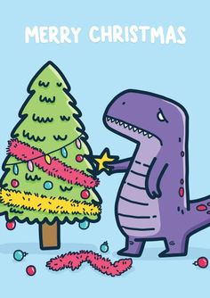 a cartoon dinosaur decorating a christmas tree with the words merry christmas written on it