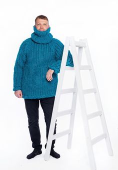 Hand knitted oversized sweater for men, made for very cold winter/autumn days, you don't need a jacket,  100% hand knit 100% luxury edition  100% pure wool Some clothes have soul ❤️ If you want to feel special, unique, comfortable, warm and cosy - you are at the right place!  We are very glad to present you this luxury wool sweater. It's fit elegant, stylish and you will love in it at the first sight!  We made this item to feel beautiful with any elegant and casual look.   This luxury sweater wi Oversized Knitted Winter Sweater, Oversized Knitted Sweater For Winter, Oversized Chunky Knit Winter Sweater, Cold Weather Knitted Acrylic Sweater, Blue Knitting Pattern For Winter, Acrylic Knitting Sweater For Cold Weather, Oversized Cold Weather Sweater, Hand Knitted Winter Sweater For Cold Weather, Oversized Winter Knitting Pattern