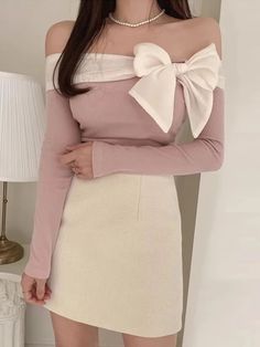 Coquette Classy Outfits, Girly Tops Blouses, Off Shoulder Knit Top, Top Korean, Cute Skirt Outfits, Cute Dress Outfits, Modest Dresses Casual, Korean Fashion Dress, Simple Trendy Outfits