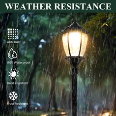 a lamp post with rain falling down on it and the words weather resistance above it