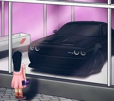 a girl looking at a car in a shop window