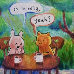 two cartoon characters sitting at a table talking to each other with speech bubbles above them