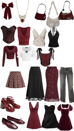 #outfits #shuffle #darkcoquette #cherrycoquette #darkfeminine #darkred #black #winered Dark Cool Outfits, Red Black White Outfit Ideas, Delicate Aesthetic Outfit, Dark Red Outfits For Women, Edgy Coquette Outfits, Fall Outfits Cherry Red, Types Of Styles Fashion Aesthetic Names, Dark Fenimine Outfits, Sweetheart Aesthetic Outfits