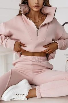 Stand Collar Zipper Design Top & Piping Pants Set Elegant Sweatshirt, Luxurious Outfits, Stand Collar Top, Top With Zipper, Jeans Overall, Fleece Leggings, Traje Casual, Maxi Robes, Pink Pattern