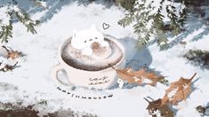 an animal is sitting in a cup on the snow