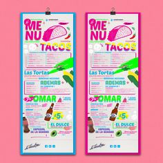 two posters with different types of food and drinks on the same page, one is for tacos