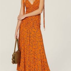 New With Tags Fitted Orange Ruched Maxi Dress, Fitted Ruched Orange Maxi Dress, Elegant Orange Ruched Midi Dress, Orange Maxi Length Ruched Dress, Orange Ruched Maxi Dress, Orange Ruched Maxi Length Dress, Elegant Orange Ruched Dress, Spring Orange Ruched Maxi Dress, Orange Ruched Maxi Dress For Spring