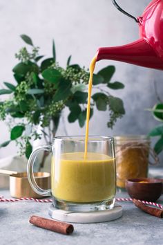 a glass mug filled with yellow liquid next to cinnamon sticks and potted greenery