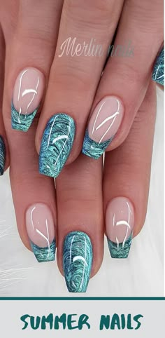 Bermuda Nail Designs, Heart Gel Nail Designs, Pretty Blue Nails Acrylic, Turquoise Blue Nails, Teal Nail Designs, Teal Nails, Turquoise Nails, White Nail Art, Pretty Nail Art Designs