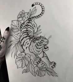 a drawing of a tiger with flowers on it's back and the tail curled up