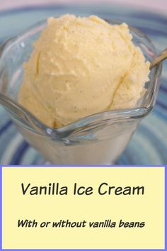 vanilla ice cream with or without vanilla beans in a glass bowl on a blue and white striped plate