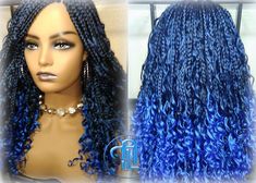 Blue Black Ombre Goddess Box braids Mermaid curly long distressed bohemian braids Gradient Ombre Short Curly 14/16in Ends are Sealed and Set! No Glue Needed No Tracks! Hair is individually added Loc-By-Loc! Quality Design Each Individual Loc Moves Freely! Specifications: Unit Name: Blue Black Ocean Goddess Unit Design: Full Unit Finished with lace - 3-5 Combs Added Unit Code: BOG/B 404 Hair Quality: Premium Synthetic Hair Color: Blue Black Gradient Ombre Length: 14/16in Texture: Wavy Curly Mater Ombre Goddess Box Braids, Blue Black Gradient, Brown And Pink Hair, Goddess Braid Styles, Hair Short Curly, Under Braids, Goddess Box Braids, Track Hairstyles, Gradient Hair