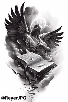 an angel sitting on top of a book in the air with wings flying around it